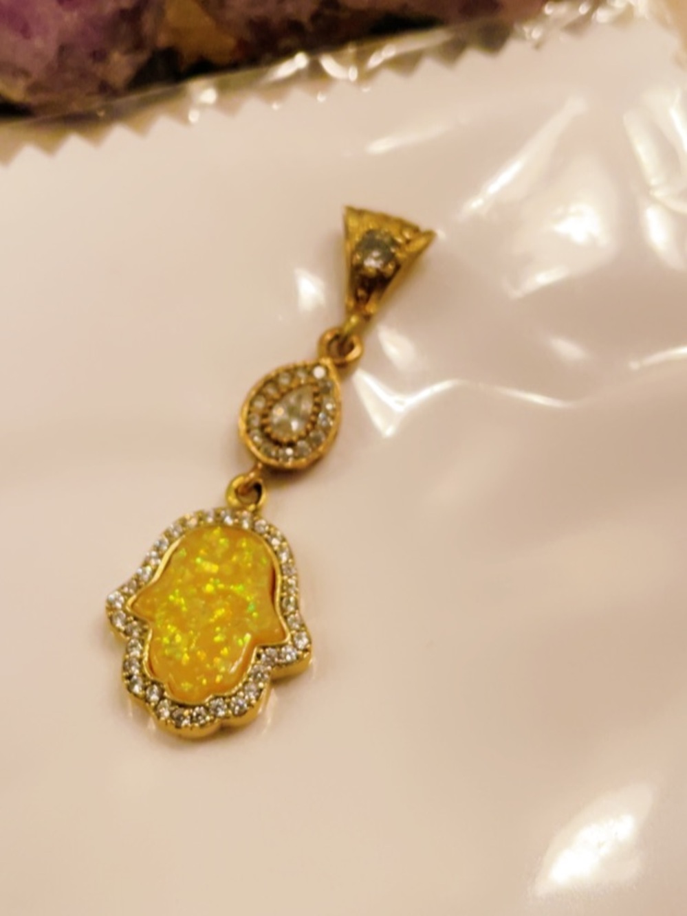 Gold-Tone Yellow Opal Sterling Silver Bronze Hamsa Pendant Necklace Pendant